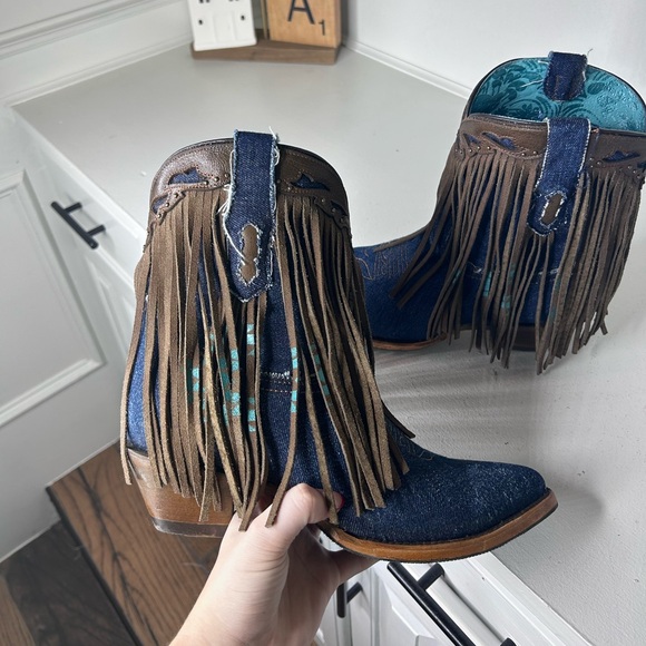 Corral Fringe Denim Cowgirl Boots Women’s 11 Western Rodeo Style, Rare Blue Jean - Picture 5 of 8